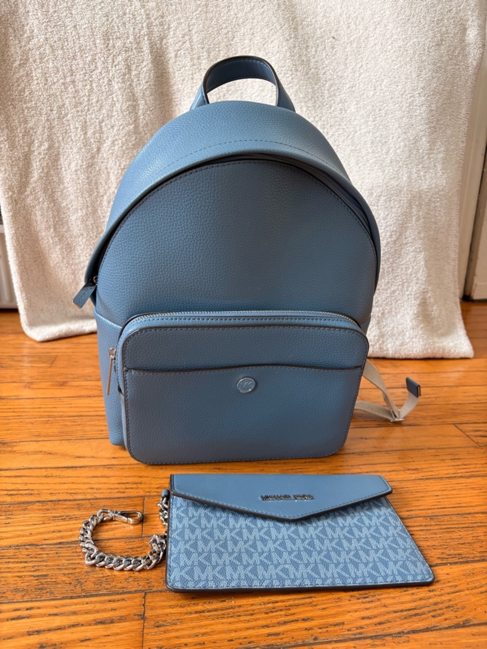 Michael Kors Slate Blue Backpack with MK Chain Wristlet